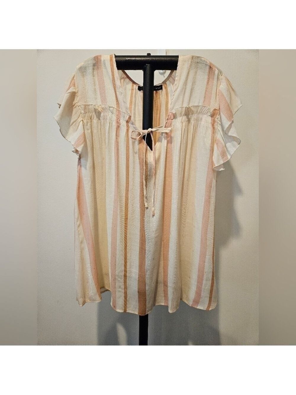 HARVE BENARD WOMEN'S PLUS SIZED IVORY W/CORAL & PINK STRIPES FLUTTER SLEEVES 3X